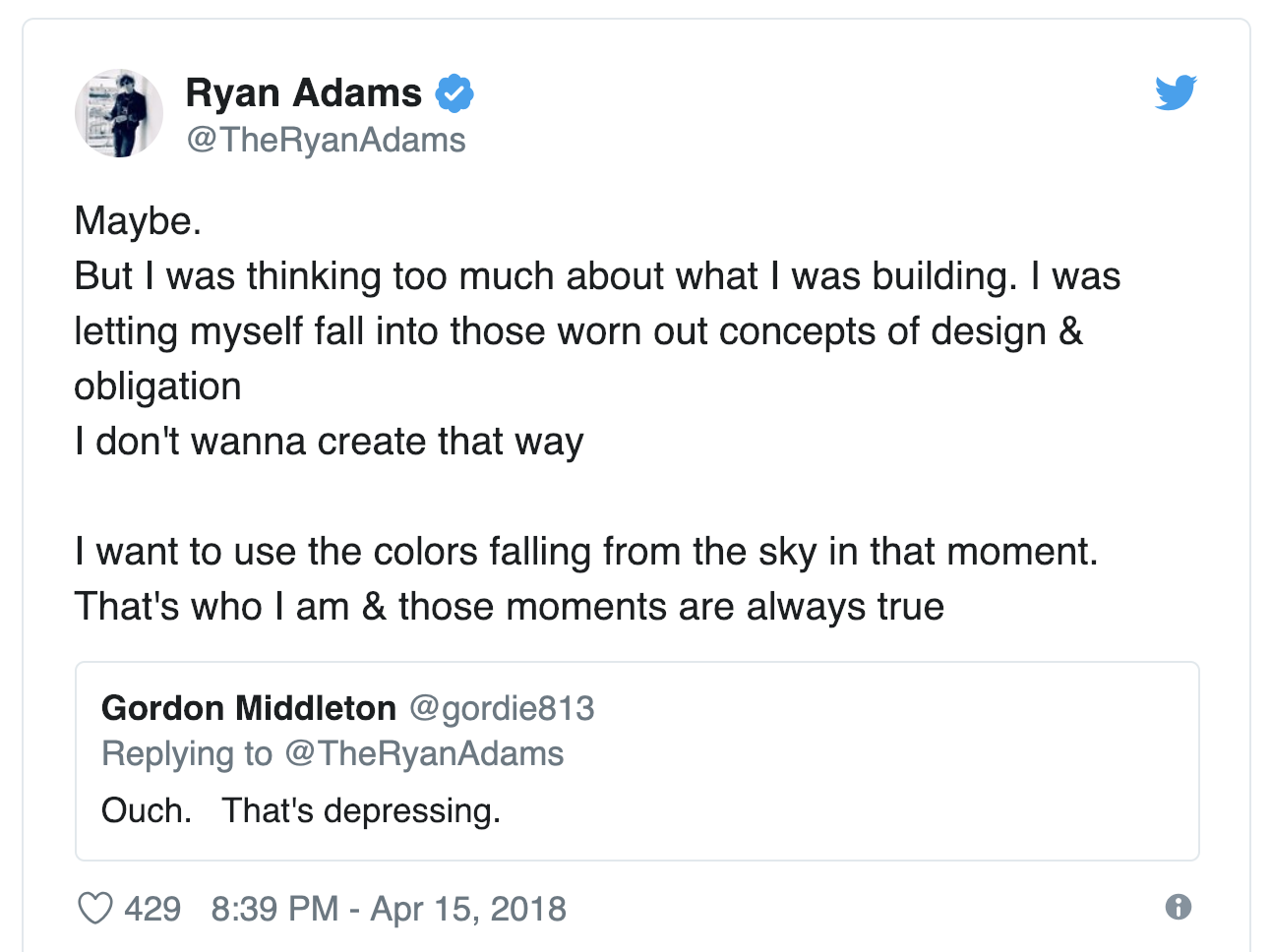 Ryan Adams first tweets about the album Big Colors
